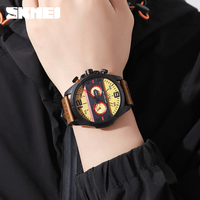 SKMEI-Reloj de pulsera de cuero para hombre, cronógrafo de cuarzo, deportivo, resistente al agua, Masculino, marca superior de lujo, 1846