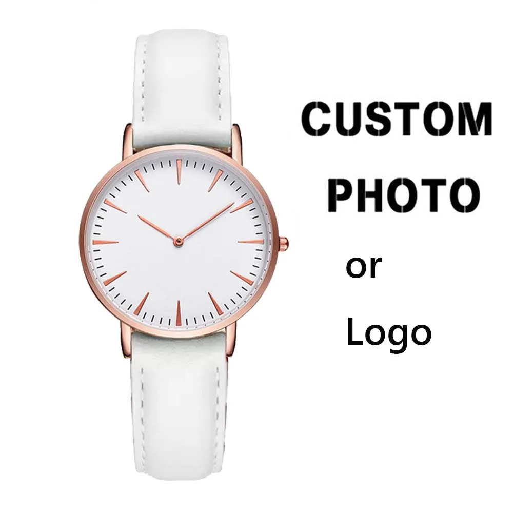 Rose Gold Case Women Watch Custom Logo Photo Print Genuine Leather Strap Quartz Watch Good Quality