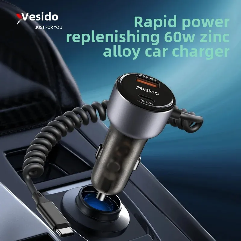 Yesido Cross-Border Car Charger 30W PD Fast Charging Cigarette Lighter Conversion Plug Type-C With Wire Motorcycle Electronic Ac