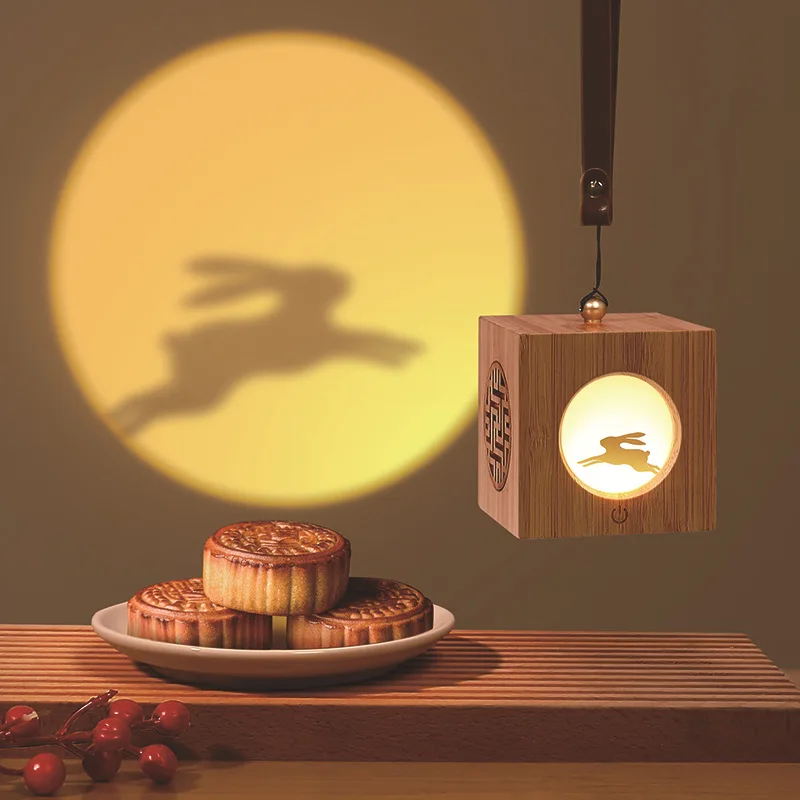 Mid-Autumn Festival log moon projection living room pendant Nordic bedroom creative gift LED lantern rabbit lamp