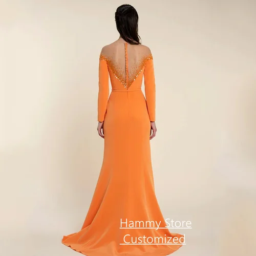 Imagen 2 del producto Vestido de noche de sirena de moda personalizado transparente cuello redondo mangas largas lentejuelas tren de barrido vestido de fiesta Formal vestidos de graduación