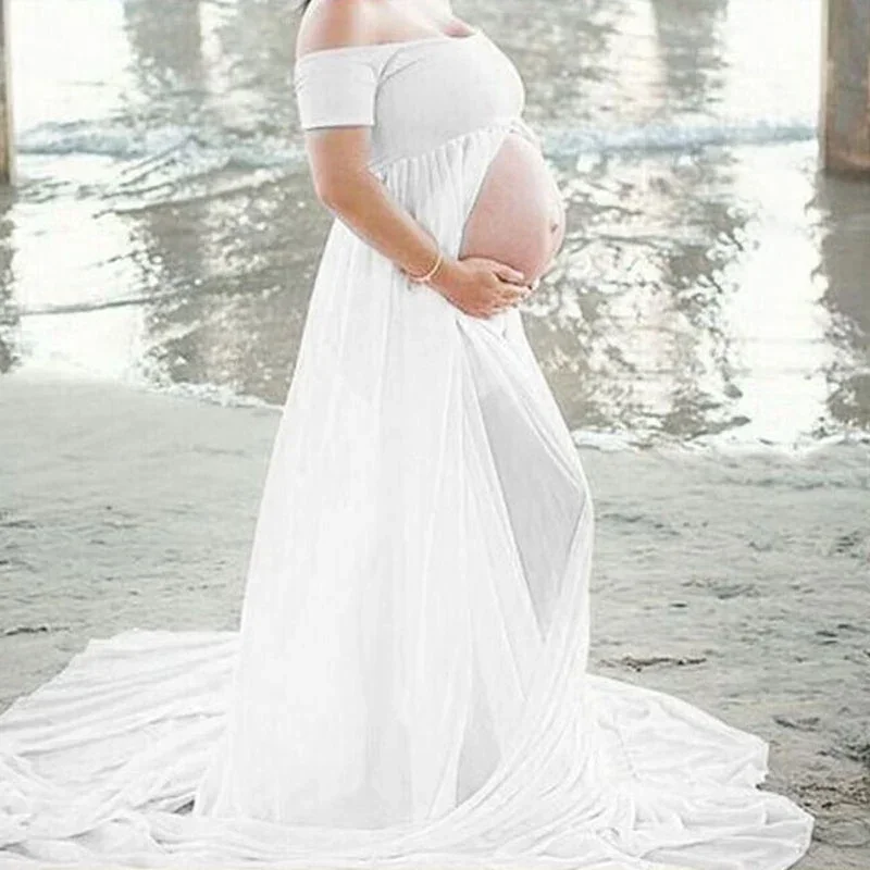 Maternity's Dresses for Photo Shoot Shoulder Less Solid  Photography Props Pregnancy Maxi Simple Dress