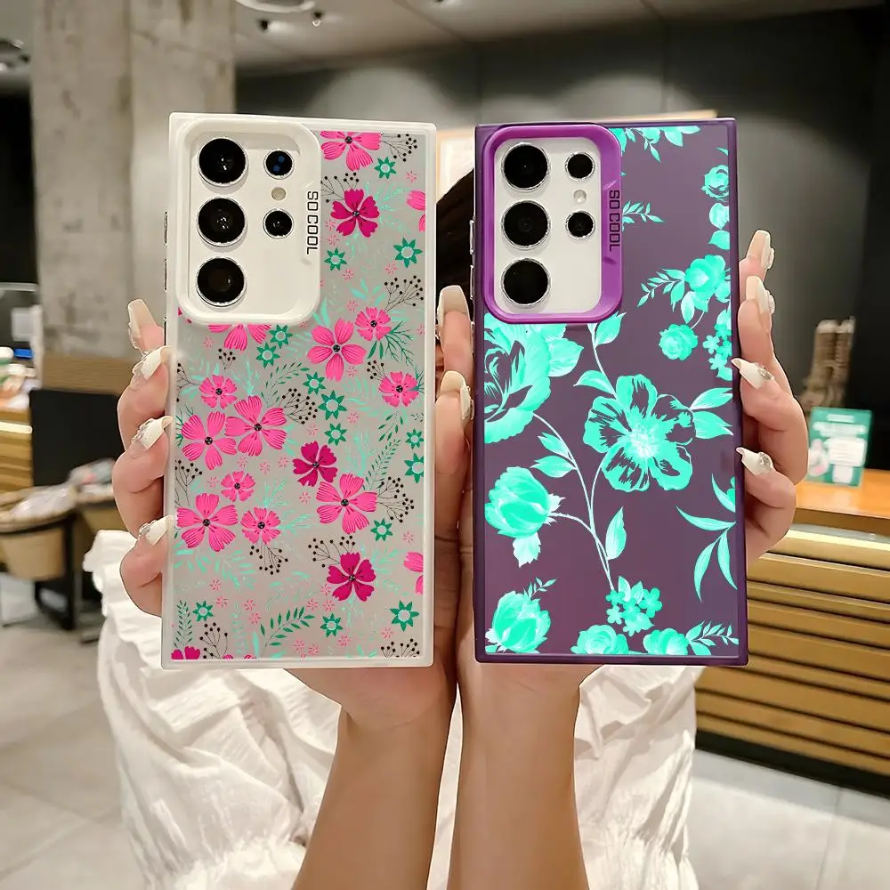 Colorful Pink Flower Phone Case For Samsung Galaxy S25 Edge S24 S23 S22 S21 S20 Ultra Silicone Colorful Silver Phone Case