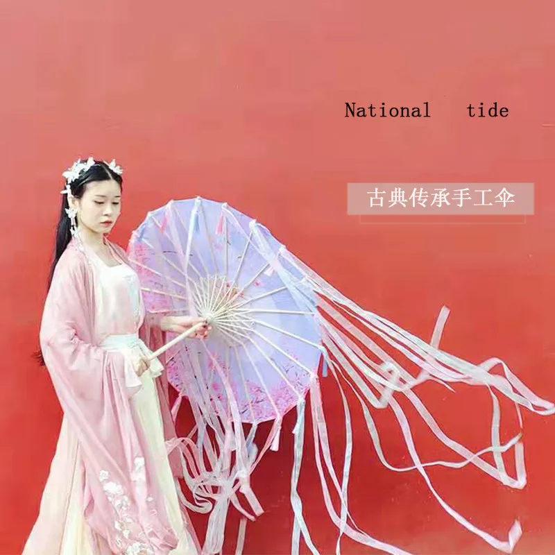 Women Beach Umbrella Tassel Hanfu Umbrella Vintage Oil Paper Umbrella Rainproof Ribbon Umbrella Chinese Handheld Cosplay