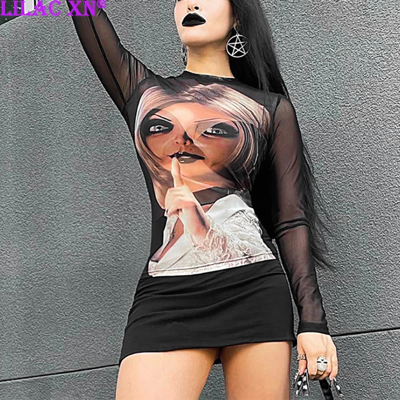 Lila XN Y2K Gothic Print Spitze Mesh Durchsichtig T-Shirts Vintage Sexy Langarm Tops Frauen Herbst Halloween Tees Streetwear