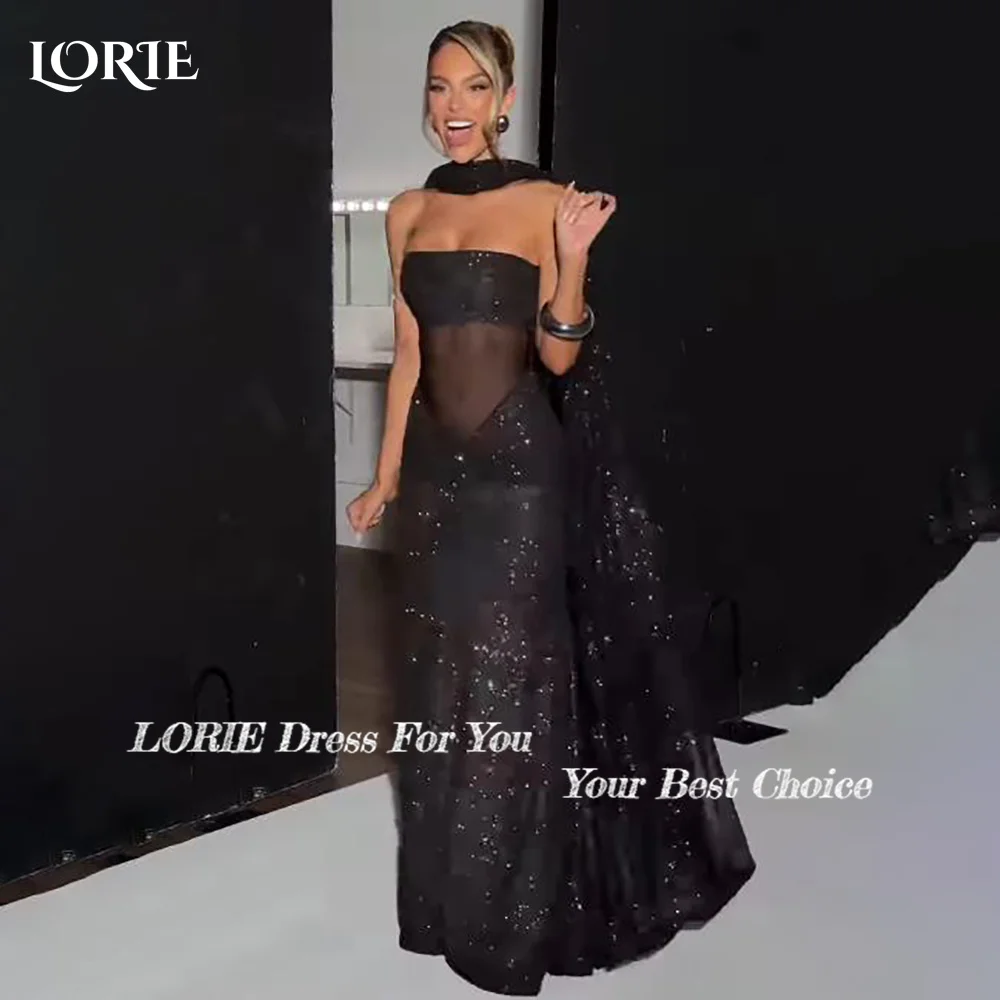 فستان سهرة بحورية البحر من الكريب اللامع من LORIE مثير من الدانتيل سباركلي الوهم بأكمام طويلة للحفلات الراقصة بطول الأرض حسب الطلب