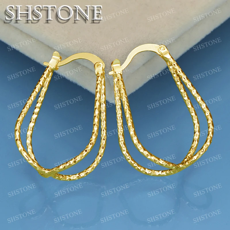 SHSTONE 18K Gold Dual-line Earrings For Women Party Wedding Banquet Fashion Jewelry 925 Sterling Silver Hoop Earring Gifts