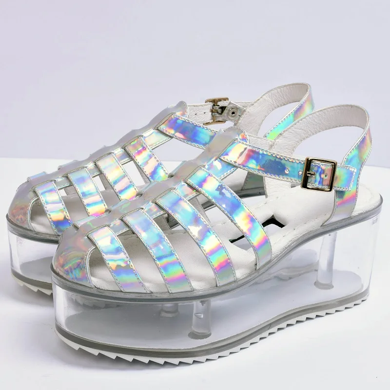 

Transparent Sole Women Sandals Clear Heels Silver Thick Sole Platform Creepers Hollow Out Gladiator Wedge Sandalia Feminina