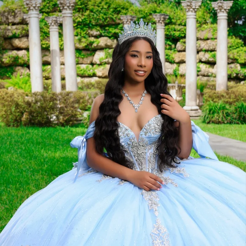 

Light Blue Quinceanera Dresses Off the Shoulder Crystal Decal 3D Flower Long tail Bow Vestido De 15 Quinceanera Customize