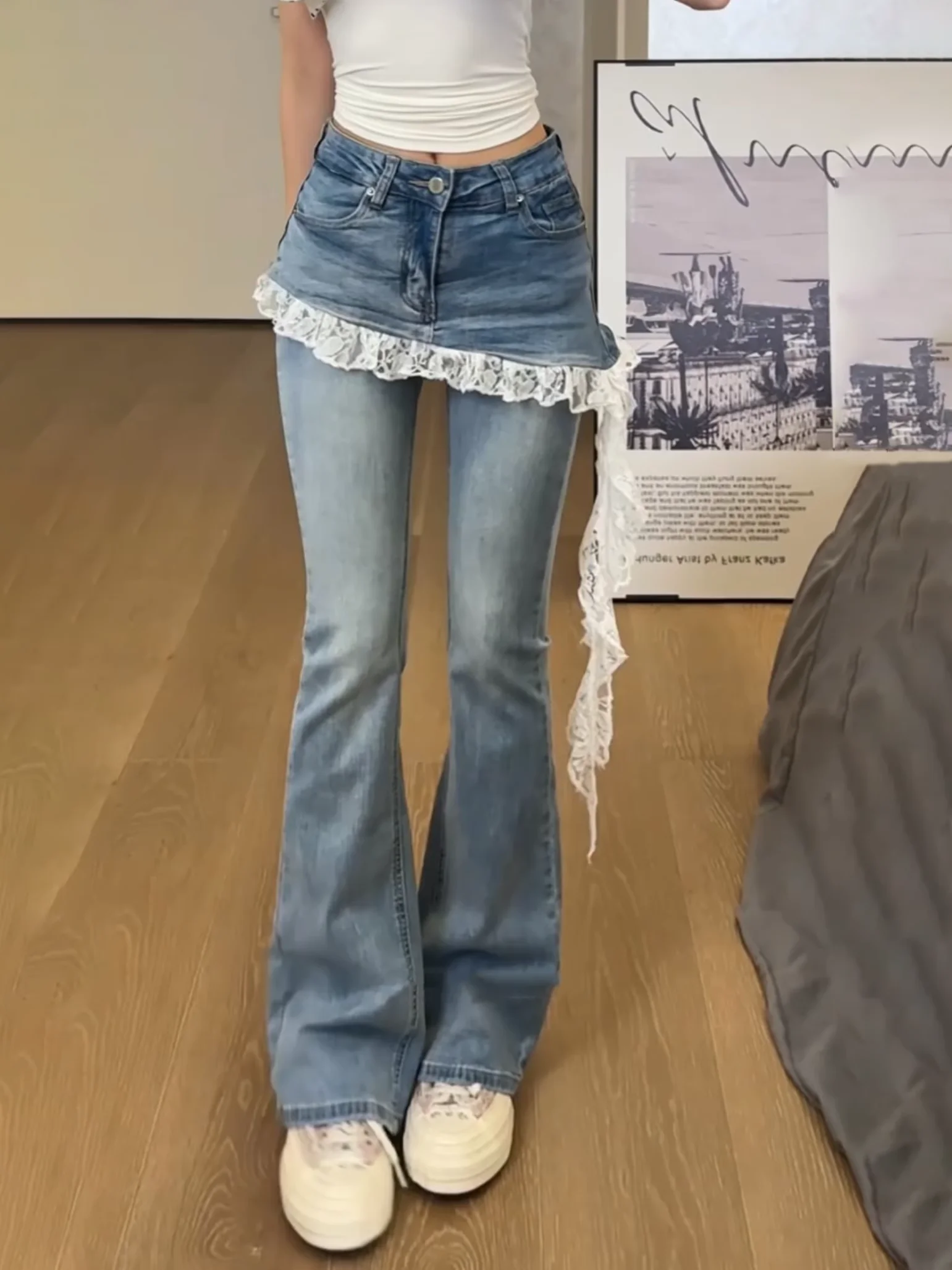 

Женские синие кружевные мешковатые джинсовые брюки Y2K Harajuku High Street 2000-х годов, эстетические джинсовые брюки в стиле ретро, новинка 2023 года