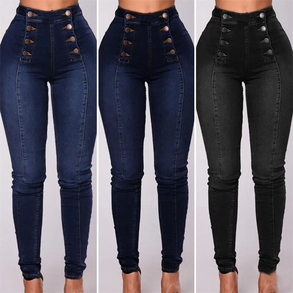 Frauen Hohe Taille Bleistift Jeans Vintage Dünne Doppel-breasted Taschen Push-Up Voller Länge Denim Hosen Hosen Weibliche Kleidung