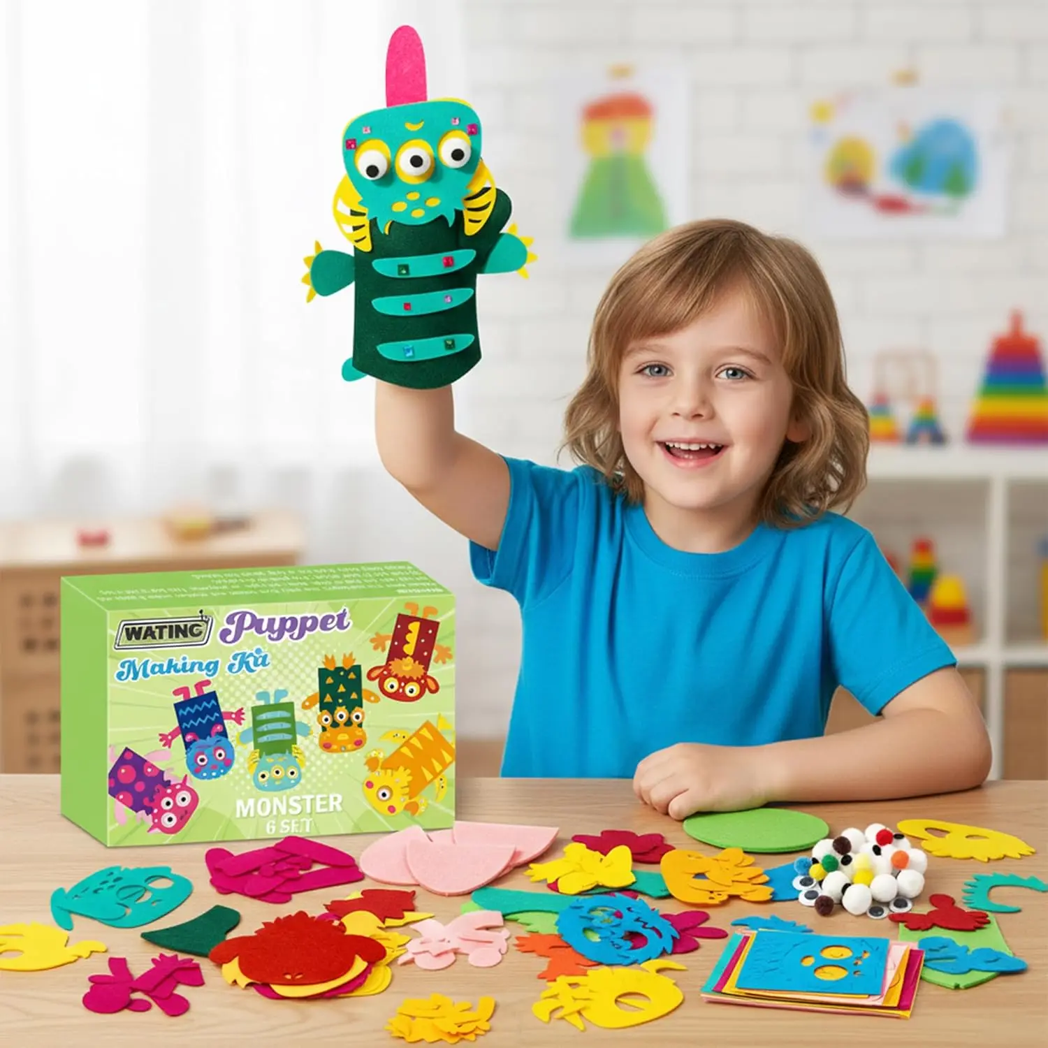 6Pcs DIY Hand Puppet Craft Kit with Pompoms & Googly Eyes, Creative Felt Sock Puppet Toys for Kids Role Play Party