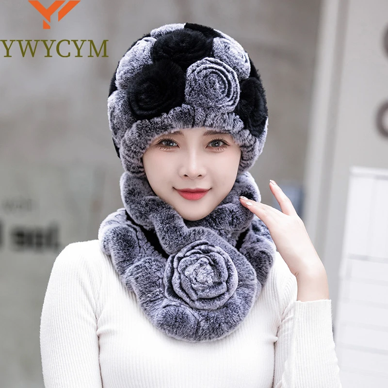 

Hot Sale New Women Winter Fur Hat Scarf Sets Natural Warm Real Rex Rabbit Fur Cap Scarves Lady Knitted Genuine Fur Hats Muffler