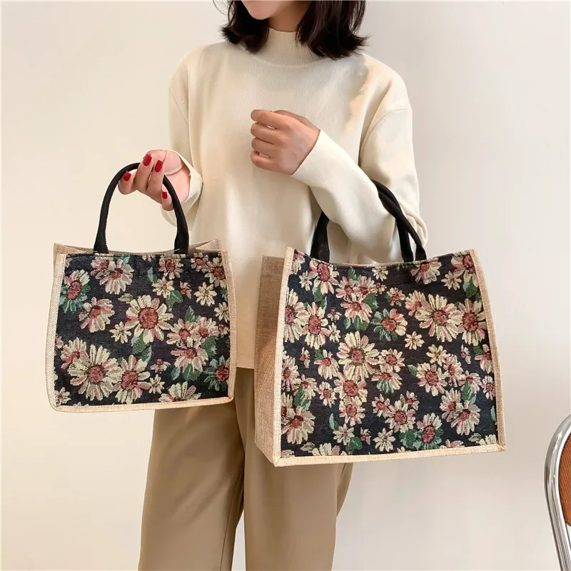 

Vintage Flowers Pattern Handbags Fashion Beach Tote Bags Eco-Friendly Shopping Satchel Large Capacity Women's Commuter Bags