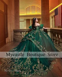 Customized Green Tulle Beaded Quinceanera Dresses 2024 Gold Lace Appliques Ball Gown Birthday Gowns Lace-Up Sweet 16 Dress