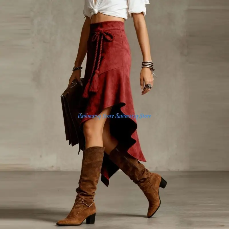 573B Women Retro Skirt Fringed Hems Asymmetrically Design Knee Length High Waist Polyester Fabric