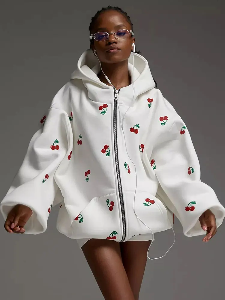 GACVGA Cherry Print Thick Women Hooded Sweatshirt 2024 Autumn Loose Tops Coat With Pocket Zipper Outerwear Female\'s Sweatshirts