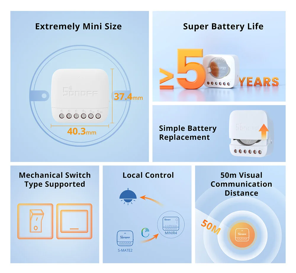 SONOFF S-MATE2 Extreme Switch Mate With Battery Local Control Mechanical Switch Support eWeLink Remote Control via MINIR4