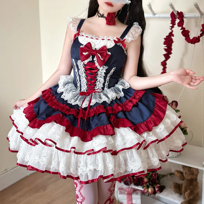 Original Design Lolita Jsk Suspender Dress Women Girls Spring Summer Back Big Bow Lace Straps Multi-layered Short Mini Dresses