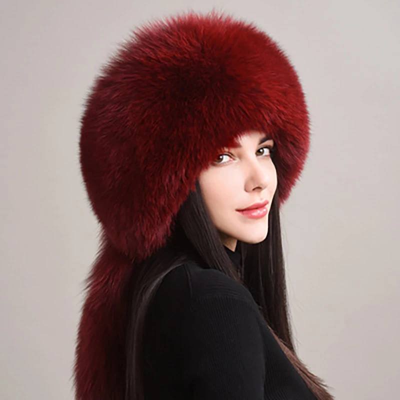 2024 Hot Sale Winter Women Fox Fur Hat Fluffy Soviet Female Outdoor Warm Cap Snow Fur Hats 5 tails Real Fox Fur Cold Bomber Hats