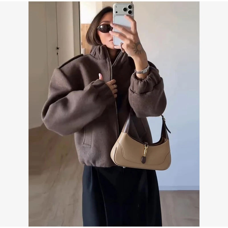 Wool Blend Short Jacket Casual Solid Stand Elastic Collar Zip Up Shoulder Strap Pocket Slim Coat 2026 Fall Winter Street Wear
