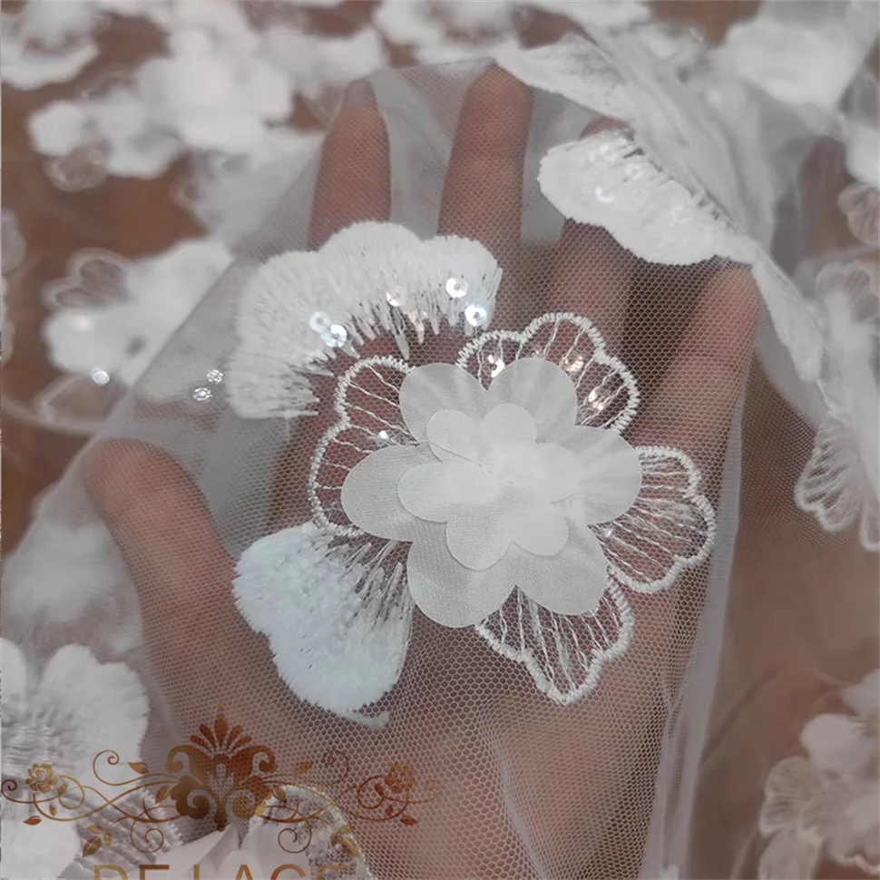Simple Elegant Embroidery Lace With Shining Sequins 3D Flowers Lace Fabric for Wedding Dress