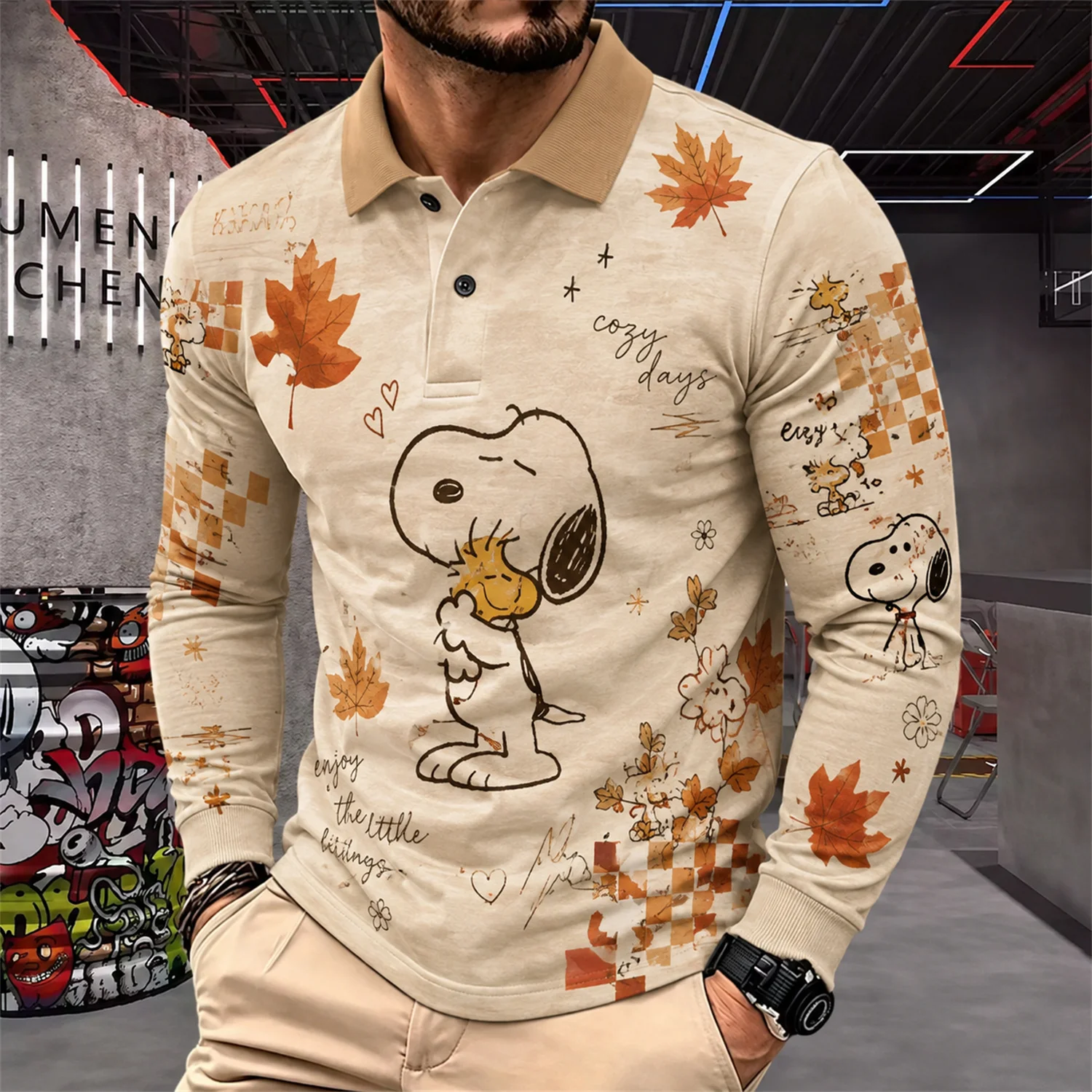 Herren Snoopy Woodstock Langarm-Poloshirt Peanuts Cartoon Grafik T-Shirt Casual Y2K Streetwear Pullover Top – Detail 6