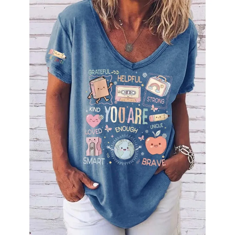 ilstile Loved Brave T-Shirts mit Buchstaben-Aufdruck für Damen, Sommer, kurzärmelig, lässig, lockerer V-Ausschnitt, Blau-Grün-T-Shirt, Neuankömmling