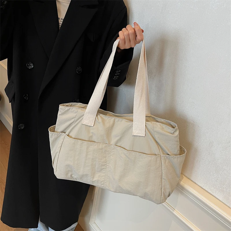 Monochromatic Nylon Cloth Bag, Lightweight Large Tote Bag, Female Student Class Shoulder Bag, Commuting Handbag, Water Resistant