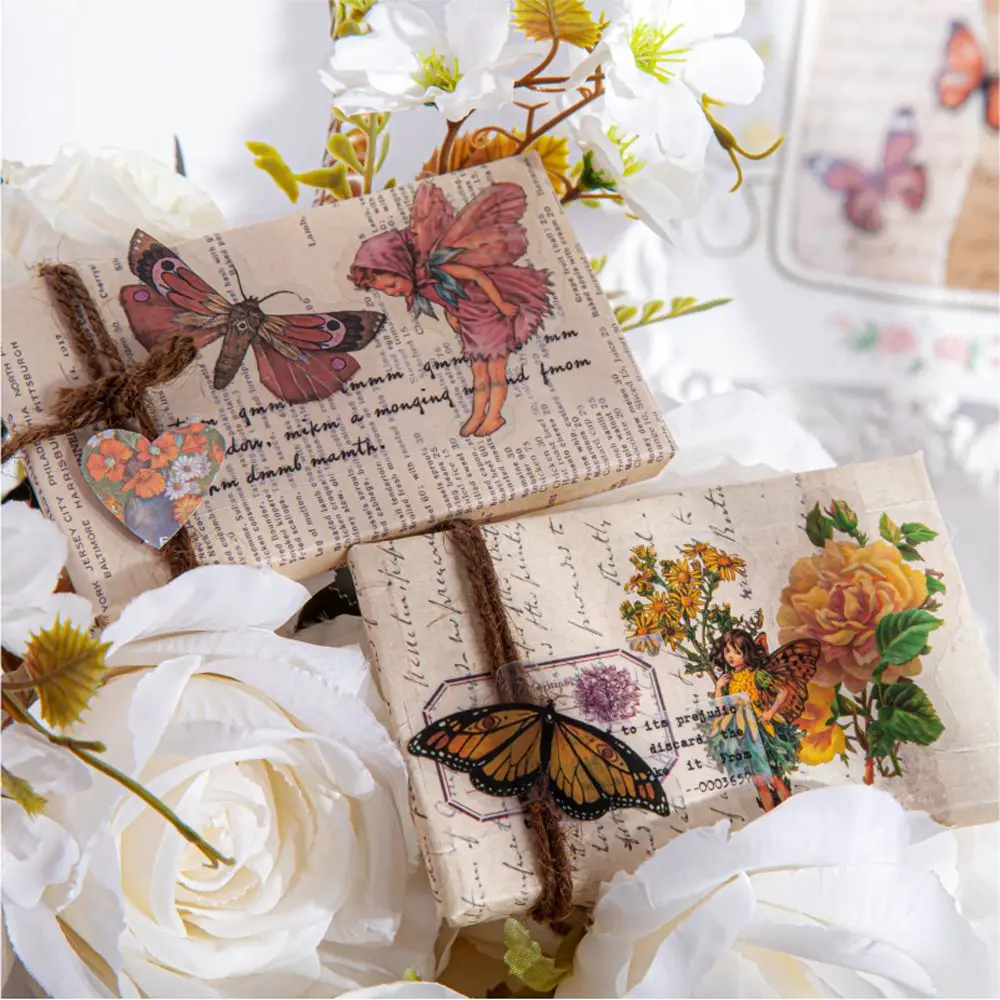 Waterproof Vintage Scrapbooking Material Fairy Butterfly Sticker Flower Elfin Decorative Label DIY Scrapbooking PET Stickers