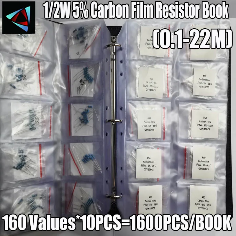 1/2W 5% 160Values*10pcs=1600Pcs Kit 0.1R~22M Ohm Carbon Film Resistor Book