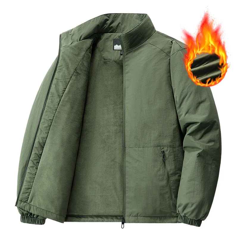 New Jacket Jacket Men's Autumn And Winter Fleece Thickened Jacket Casual Stand-up Collar Loose Sports Medium Green