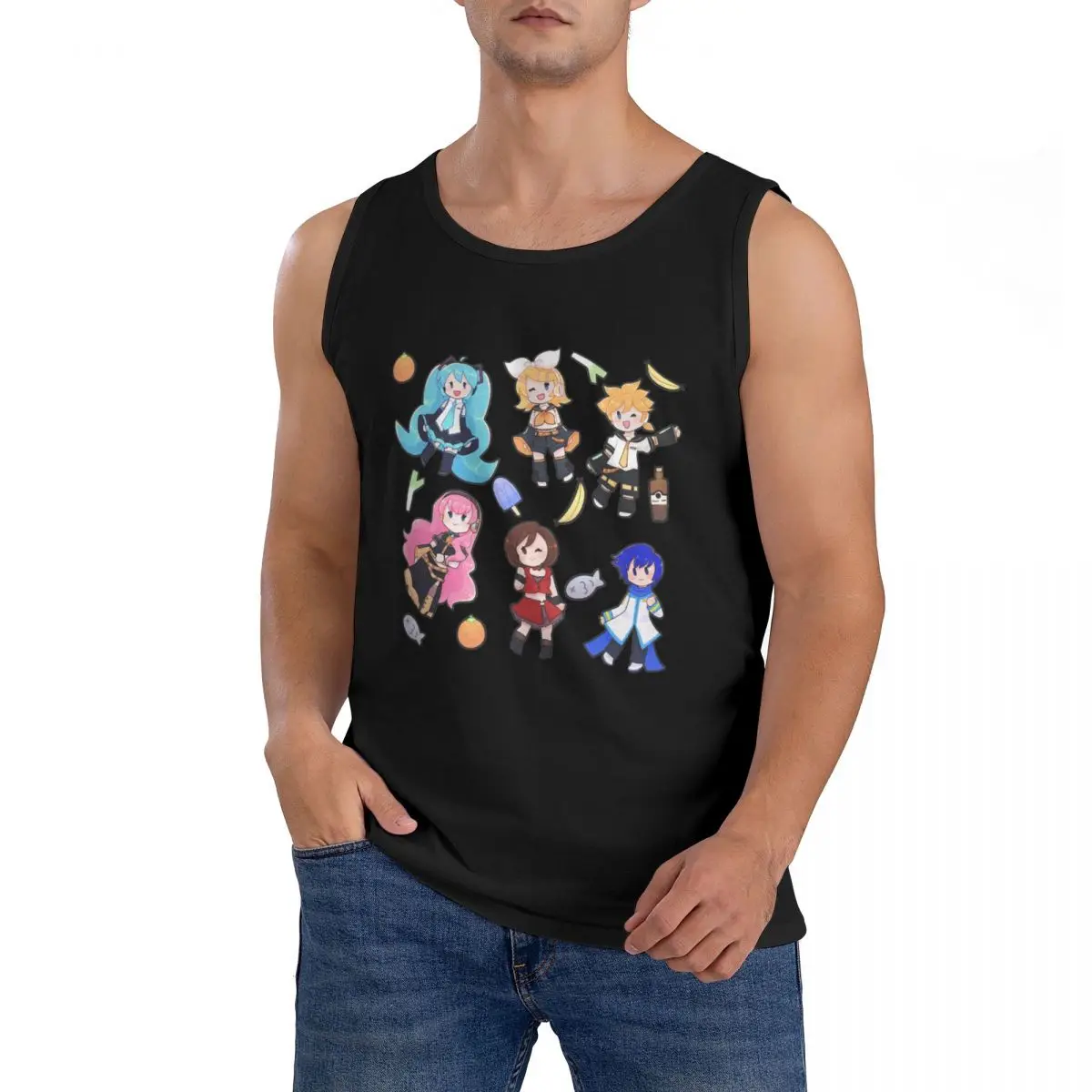 綿100-ボーカロイドちびカオス！-ミク-ノースリーブ-tシャツ-メンズ-ワークアウト-スポーツウェア-トップス-メンズ-クルーネック-ベスト