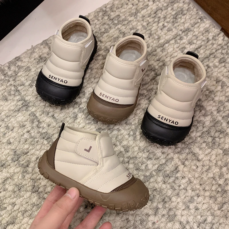 

Детские осенне-зимние модные бархатные мягкие/теплые милые короткие ботинки с круглым носком на толстой подошве, детские легкие цельные зимние ботинки