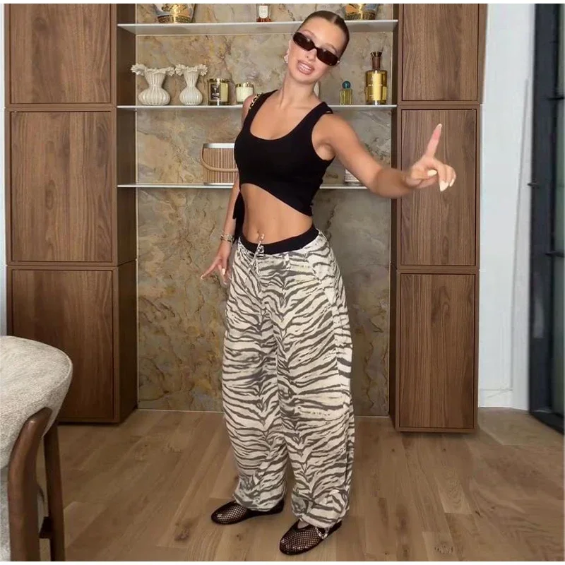 Damen-Freizeithose mit Zebramuster, Kordelzug, elastische Taille, verstellbare Bindebänder am Saum, lockeres, weites Bein, für den täglichen Gebrauch, Streetwear-Hose – Detail 9