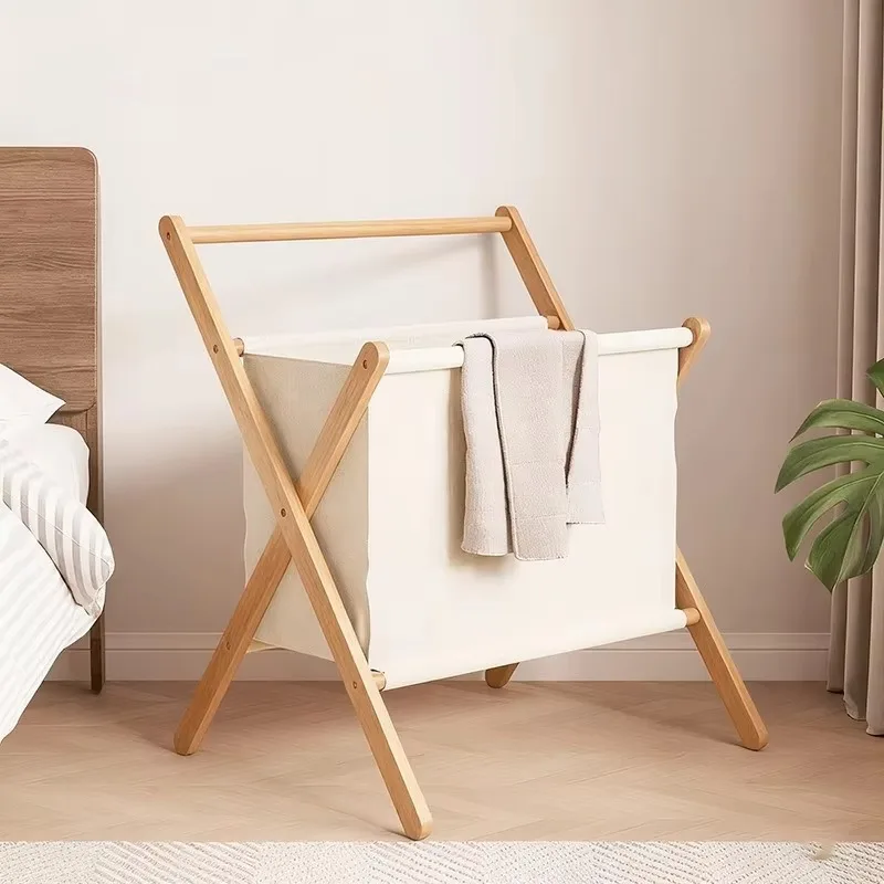 Solid Wood Clothes Storage Rack Foldable Laundry Basket Vertical Clothing Organizer Stand Large Capacity Storage Baskets