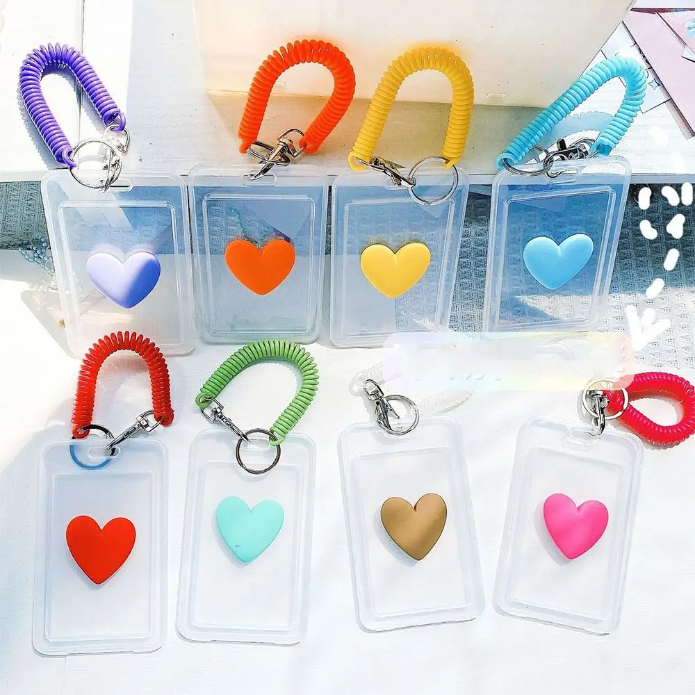 Love Heart Transparent Card Hold with Keychain Plastic Women Card Cover Korean Style Elastic Strap Key Ring Ornaments Gift