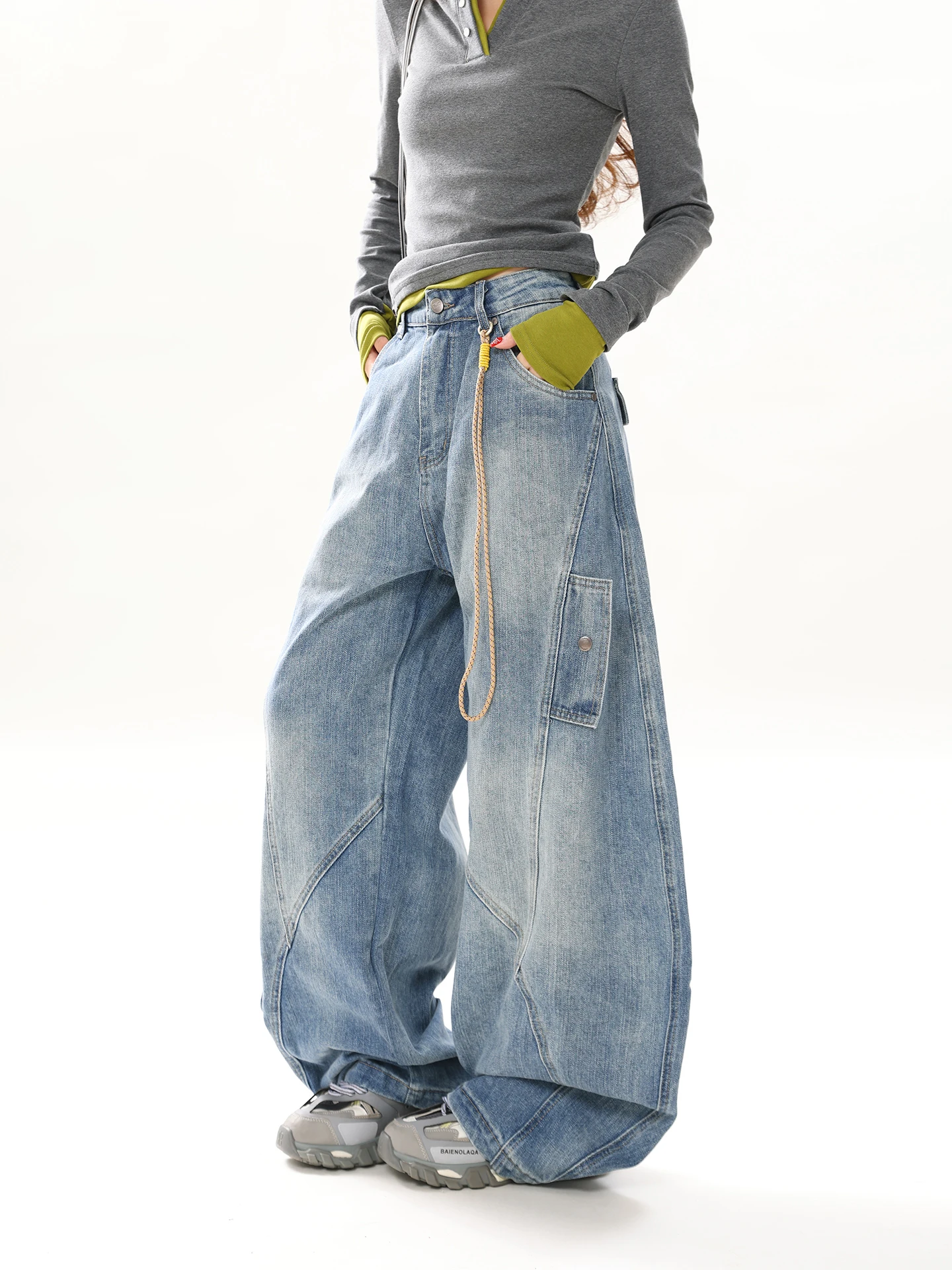 

Американская лоскутная рабочая одежда, джинсы с высокой талией, широкие брюки, винтажные женские джинсы Vibe High Street Faion