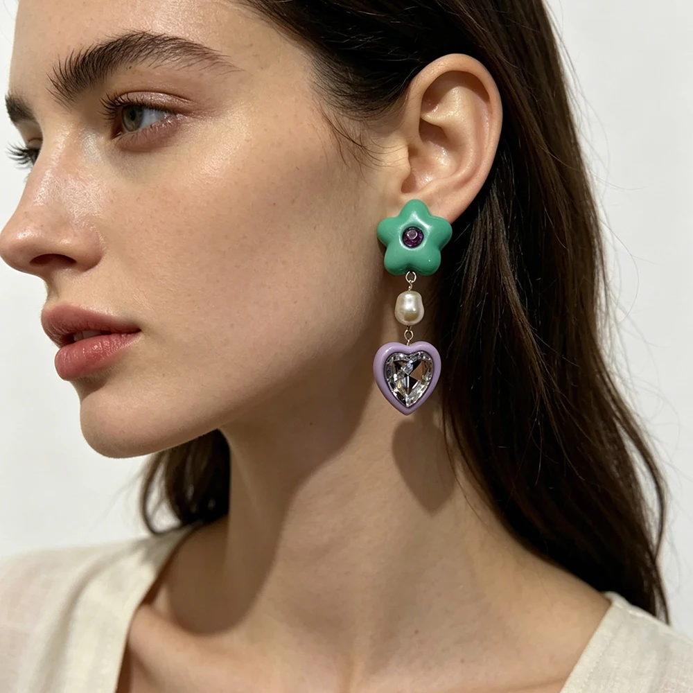 New Cute Love Heart Drop Earrings For Girls Trendy Lovely Acrylic Resin Pearls Star Shaped Dangle Earrings Accessories