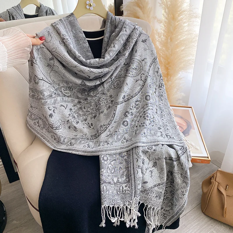 빈티지 여성용 겨울 인조 캐시미어 스카프 두꺼운 테슬 프린트 숄 랩 따뜻한 목도리 & 반다나 다용도 액세서리