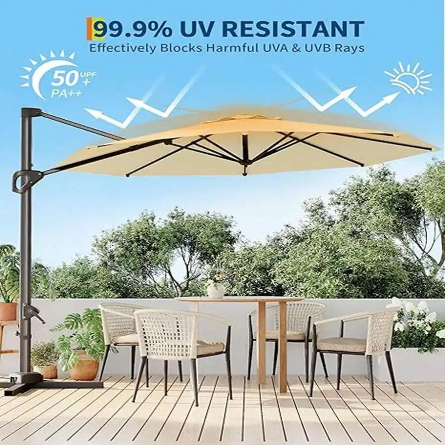 

10FT Cantilever Patio Umbrella With Base 360° Rotation 8 Ribs Hand Crank UV Resistant Outdoor Sun Shade