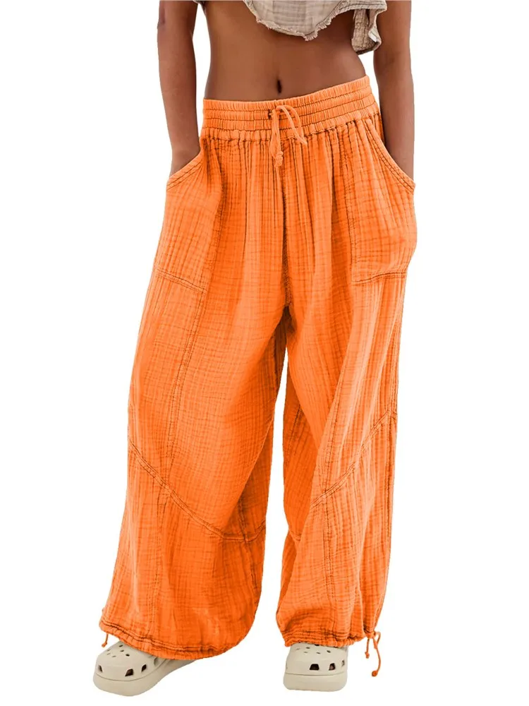 Beach Pants For Women Wide Leg Pants High Waist Drawstring Loose Pant With Pocket 2025 Solid Color Autumn Pantalones De Mujer