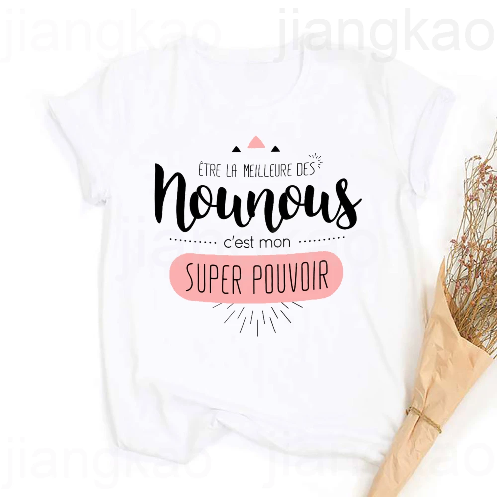 Koszulki z nadrukiem: Być najlepszą opiekunką to moja supermoc, damska koszulka z krótkim rękawem, strój Nounou, zabawny francuski nadruk, damskie topy