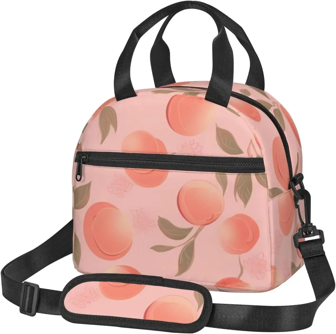 

Pink Peach Print Lunch Box For Women Men Reusable Insulated Cooler Portable Tote Bag Large Capacity Container