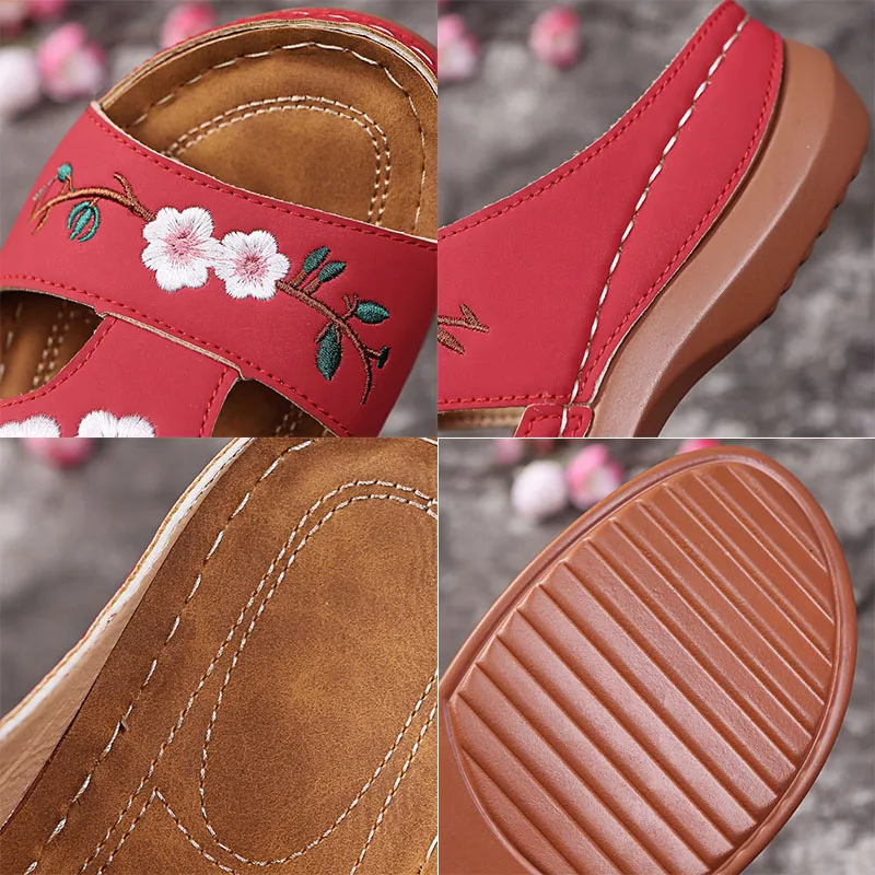 Women Slippers Embroider Flowers Leather Woman Sandals 2023 Outdoor Light Casual Wedges Slippers Slip on Summer Shoes for Women