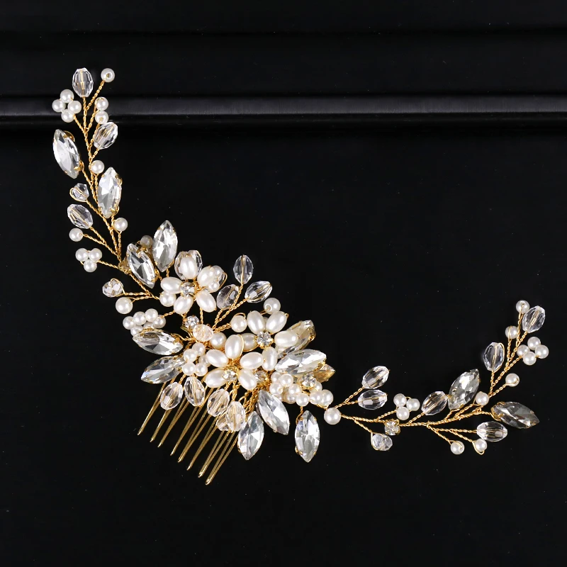 Trendy Gold Pearl Crystal Bridal Hair Comb Hair Accessories Wedding Bridal Headpiece Hair ornaments Bride Women Hair Jewelry