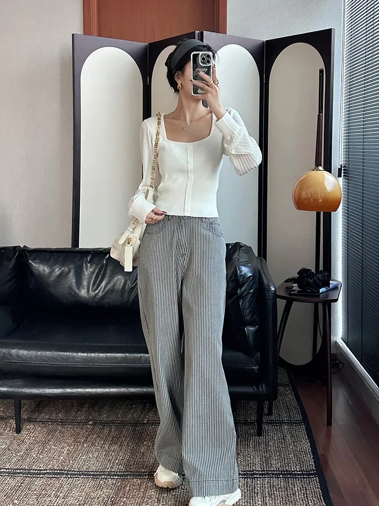 

White Retro Knitted Sweater Versatile Sugar Cube Cardigan Women's Loose Fit Cotton Blend Long Sve Knitwear M307