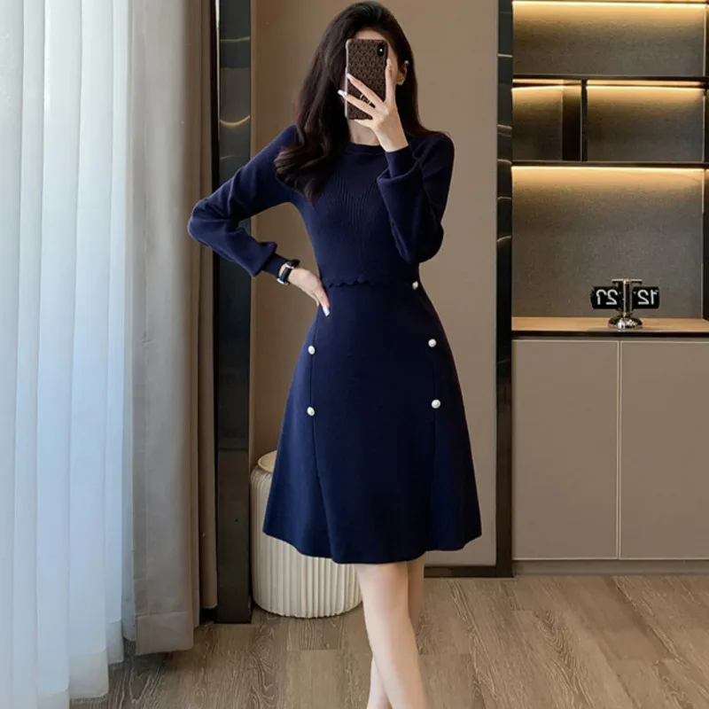 #0961 Blue A-line Sweater Dress Women False Two Piece A-line High Waisted Knitted Dress Female Slim Stretch Short Dress Ladies