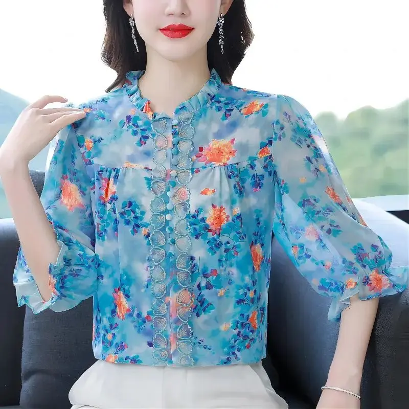 

2023 New Summer Korean Printing Half Height Collar Half Sleeve Blouse Ladies Temperament Buttons Ruffles Pullover Women Shirts