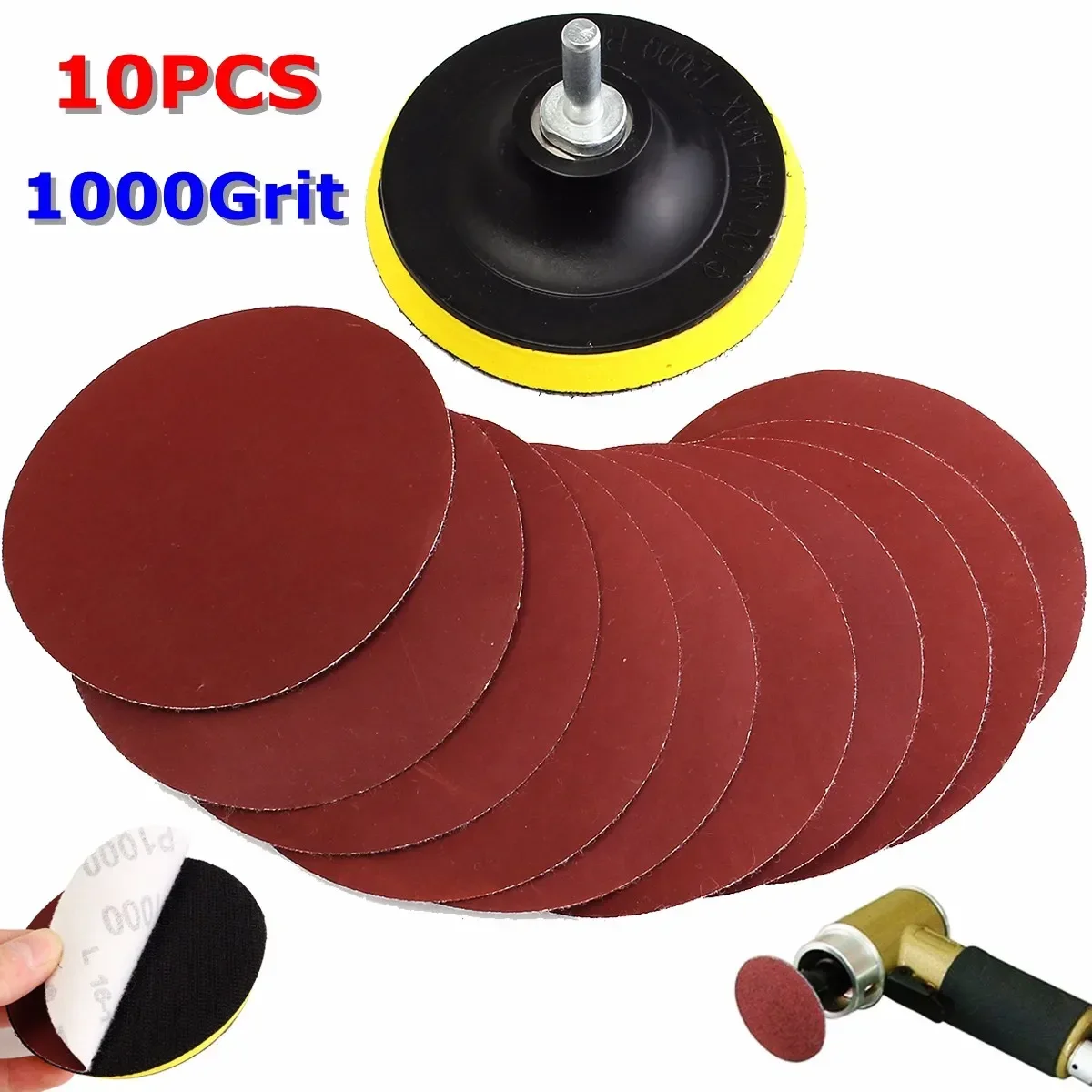 10Pcs/Set 100mm 1000 Grit Sanding Disc Sandpaper with Backer Pad Drill Adapter for Cleaning Polishing Sandpaper Abrasives Tools